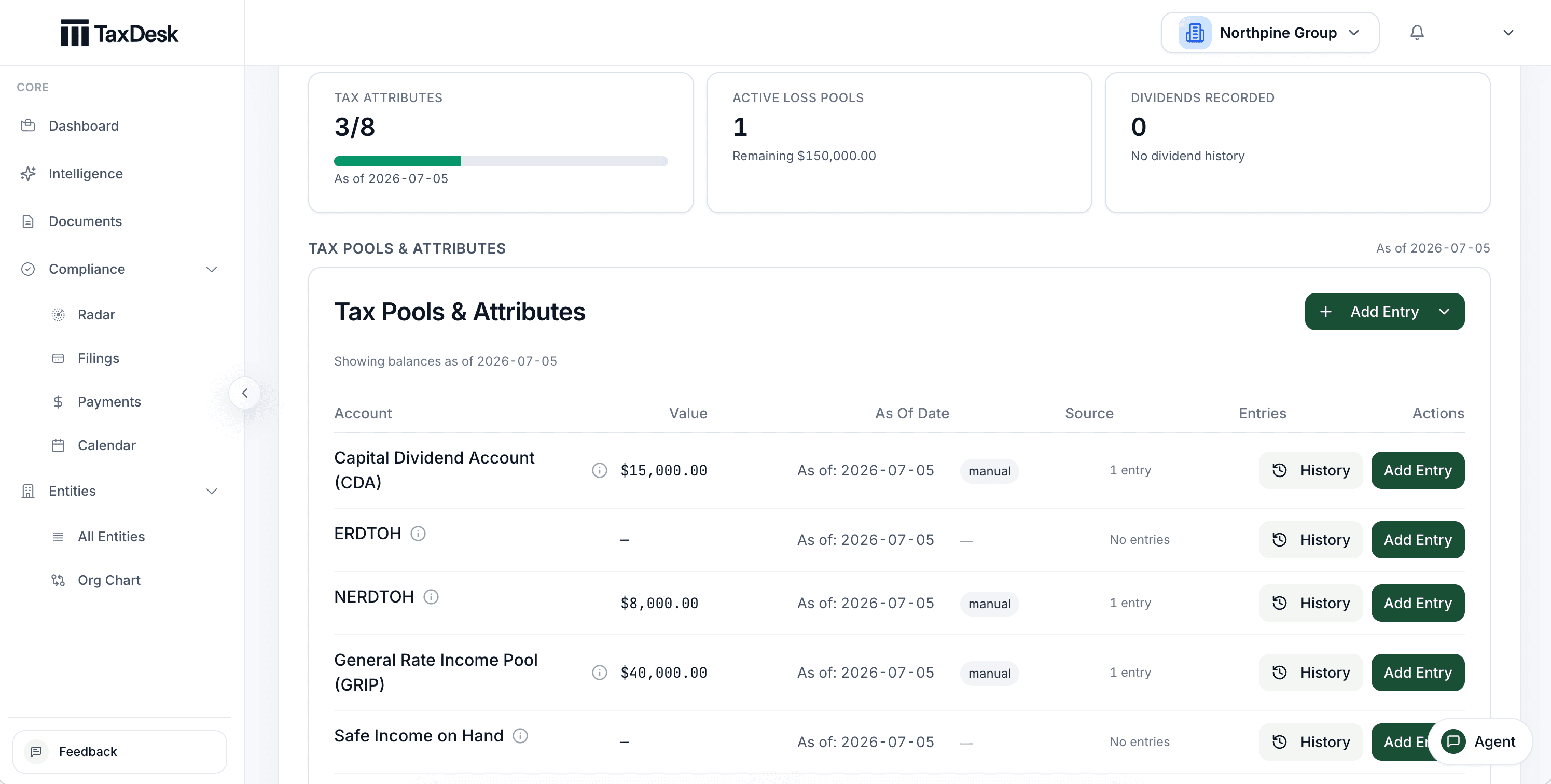 TaxDesk tax attribute ledger showing dated changes and a current balance.