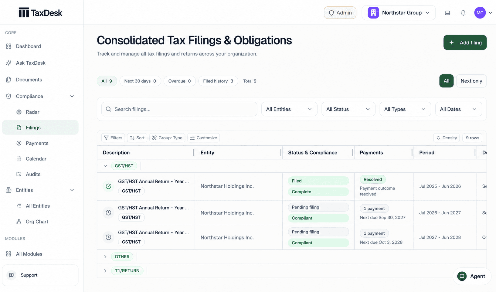 An anonymized TaxDesk filings workspace showing obligations across several entities