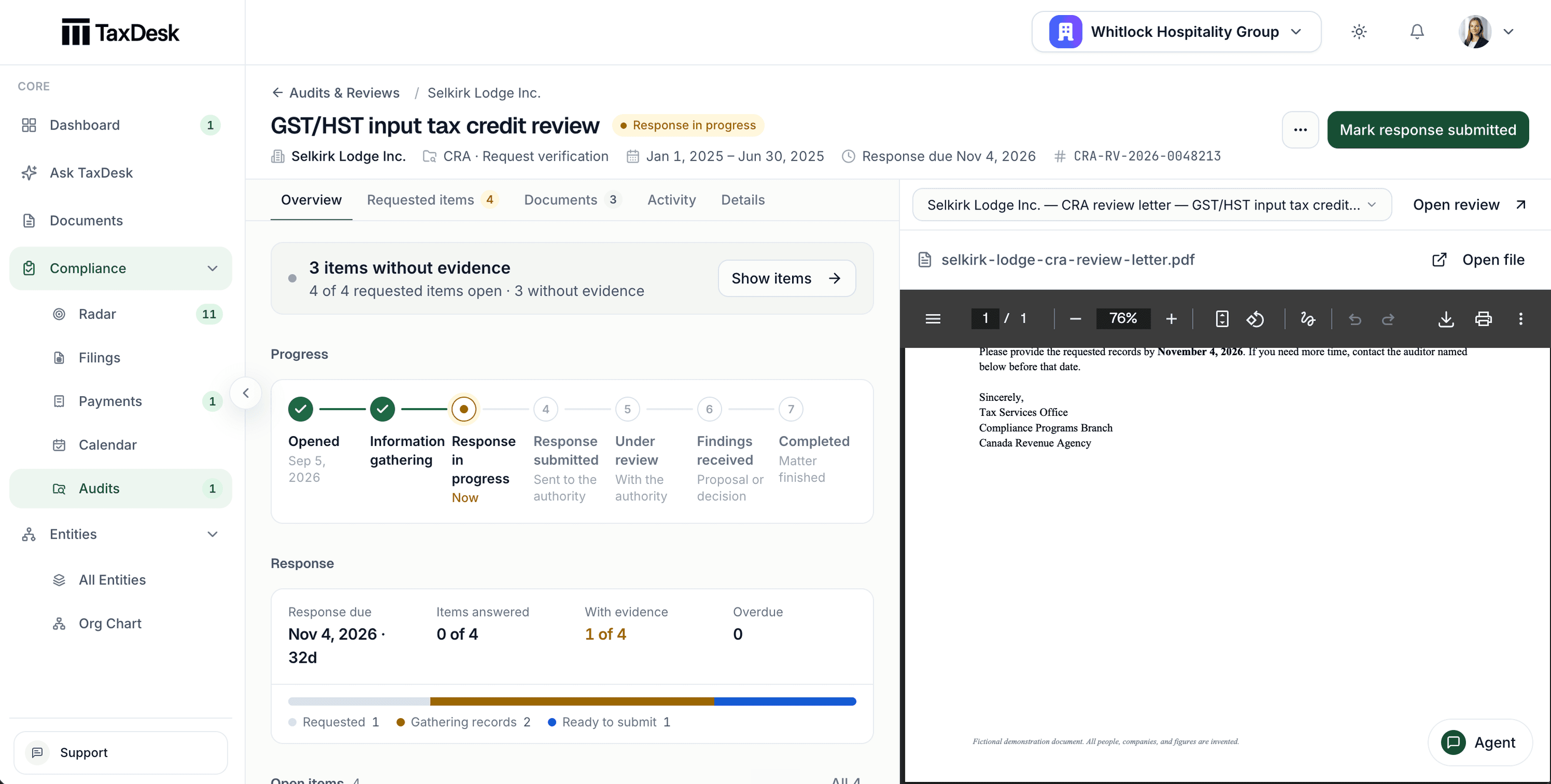 TaxDesk audit matter for a CRA GST/HST input tax credit review, showing items without evidence, a lifecycle from opened to completed, response progress, and the CRA letter beside the case.