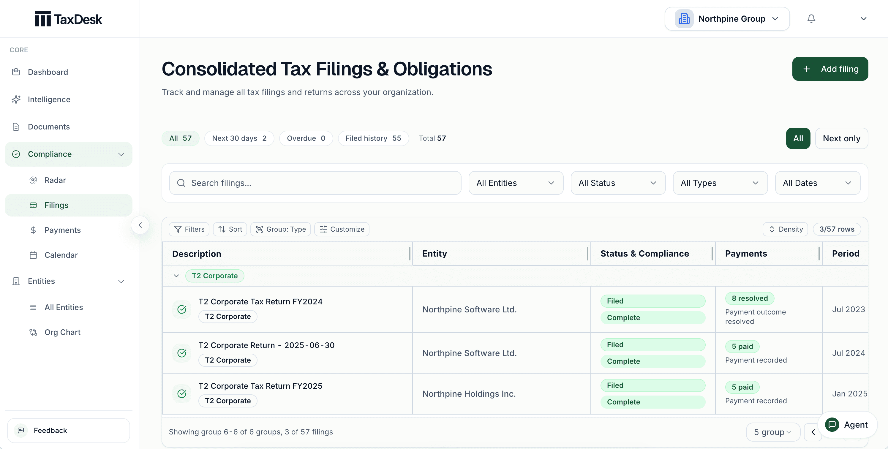 TaxDesk filing view showing obligations, periods, due dates, and status across entities.