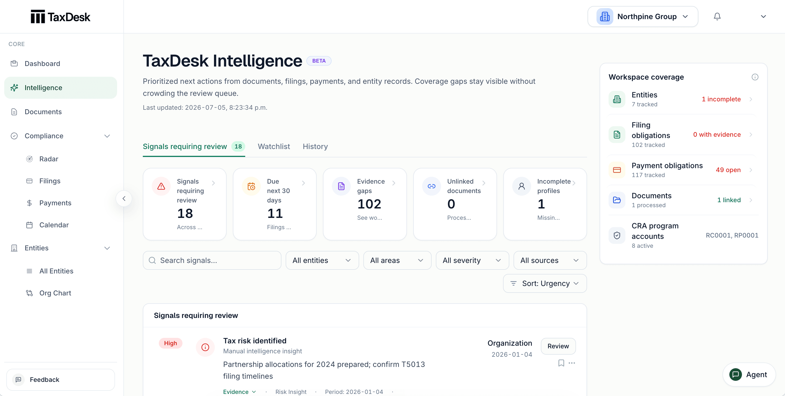 TaxDesk Intelligence showing a source-backed workspace answer.