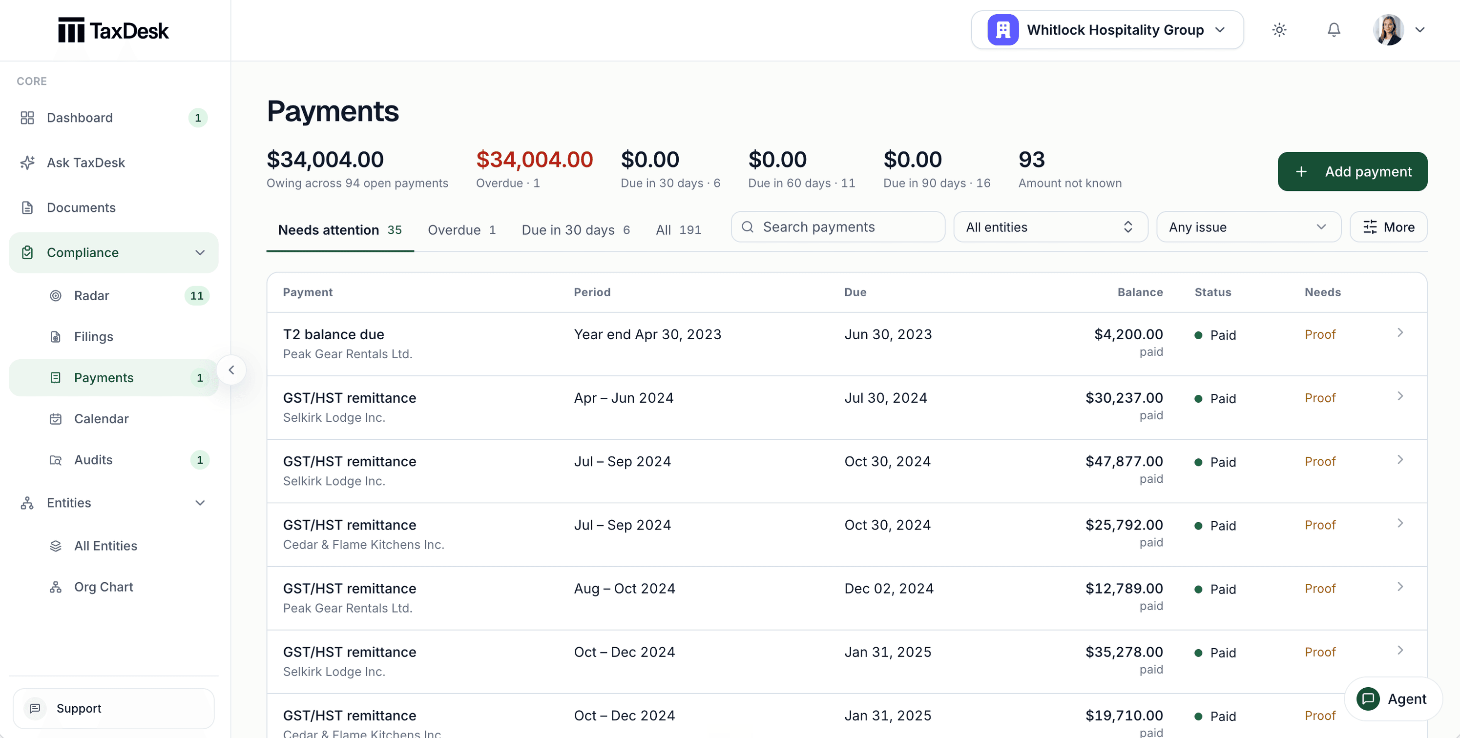 TaxDesk payments list showing the amount owing across open payments, tabs for needs attention, overdue, and due in 30 days, and each payment's period, due date, balance, status, and what it still needs.