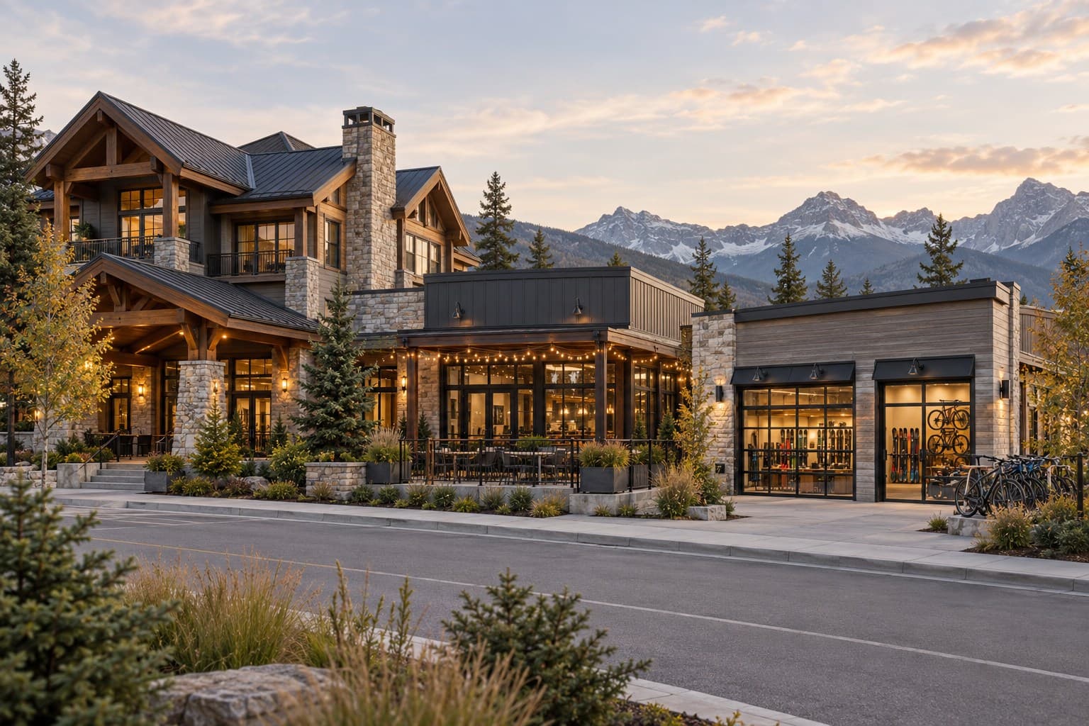 A Canadian mountain-town street with a lodge, a restaurant, and a ski and bike rental shop