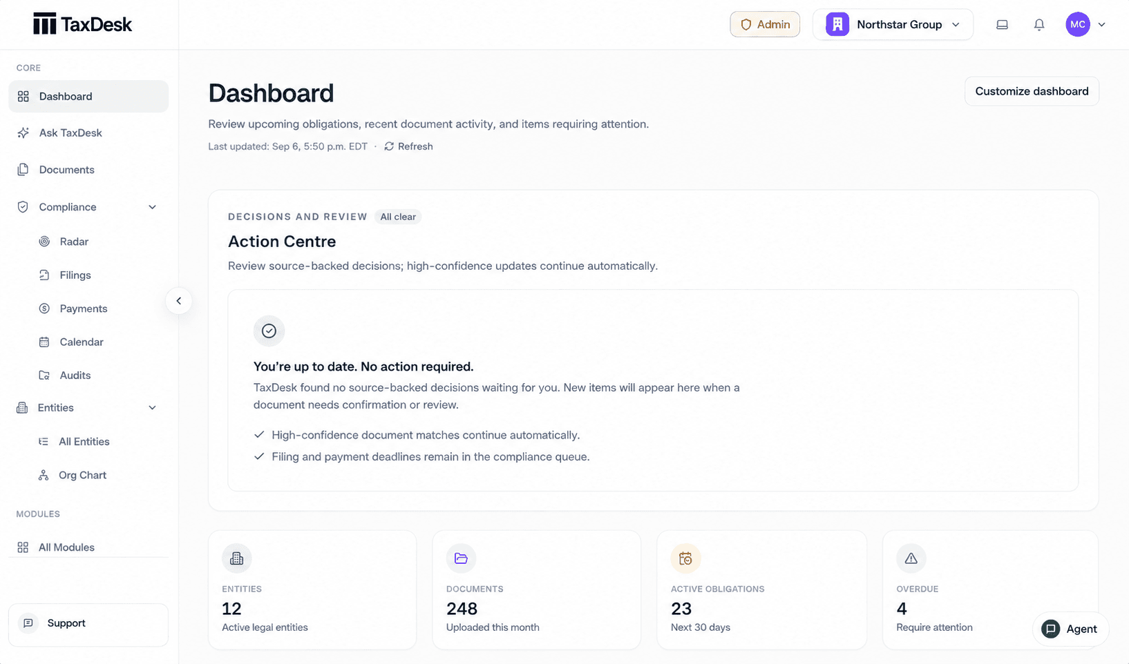 An anonymized TaxDesk dashboard showing group-wide tax obligations and records