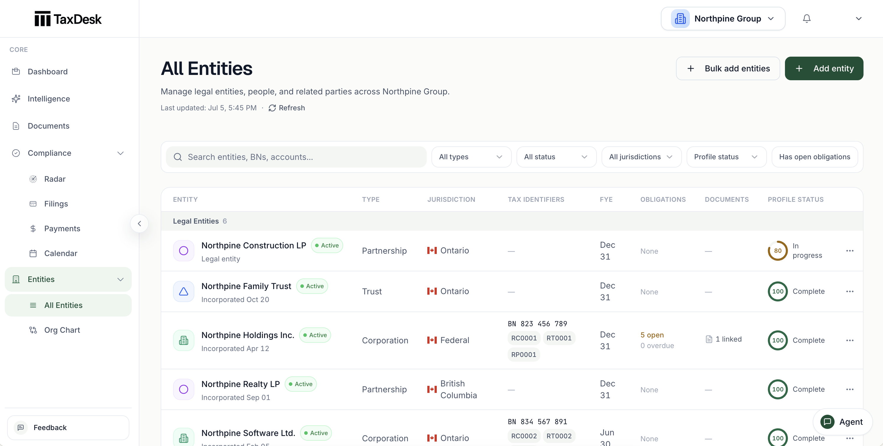 TaxDesk All Entities view listing legal entities with type, jurisdiction, tax identifiers, and profile status.