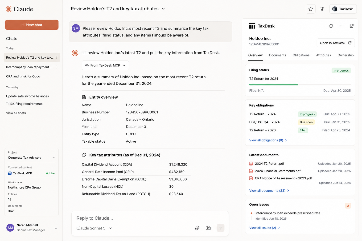Claude chat reviewing Holdco Inc.'s T2 and tax attributes with live TaxDesk context shown alongside.